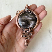 Load image into Gallery viewer, Hypersthene, Clear Quartz Druzy & Sculpted Snake Black Moon Lilith Necklace - Ready to Ship