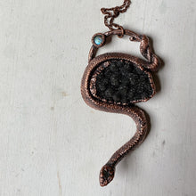Load image into Gallery viewer, Electroformed Snake, Black Druzy & Rainbow Moonstone Necklace - Ready to Ship