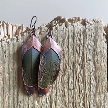 Load image into Gallery viewer, Electroformed Green Macaw Feather Earrings #2 - Ready to Ship
