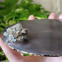 Load image into Gallery viewer, Large Gold Crescent Moon Scrying Mirror with Pyrite Cluster - Ready to Ship