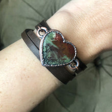 Load image into Gallery viewer, Moss Agate Heart and Leather Wrap Bracelet/Choker #2 - Ready to Ship