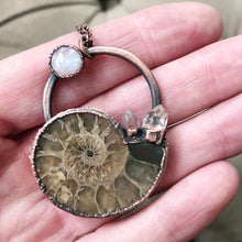 Load image into Gallery viewer, Golden Ammonite, Clear Quartz and Rainbow Moonstone Necklace #1B - Ready to Ship