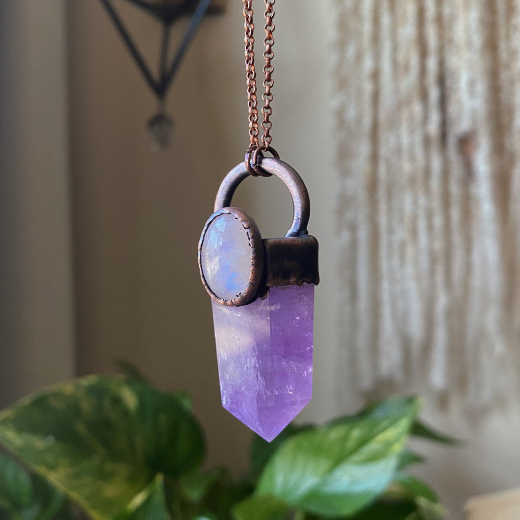Amethyst Polished Point & Rainbow Moonstone Necklace #1 - Ready to Ship