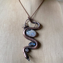Load image into Gallery viewer, Electroformed Snake with Rainbow Moonstone & Raw Clear Quartz Necklace - Ready to Ship