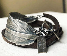 Load image into Gallery viewer, Sterling Silver Feather and Leather Wrap Bracelet