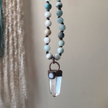 Load image into Gallery viewer, Amazonite & Clear Quartz Polished Point with Rainbow Moonstone Mala