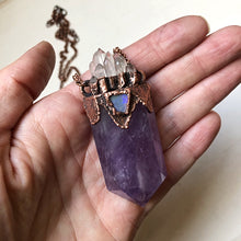 Load image into Gallery viewer, Amethyst Polished Point with Raw Opal & Clear Quartz Candelabra Necklace - Tell Tale Heart Collection