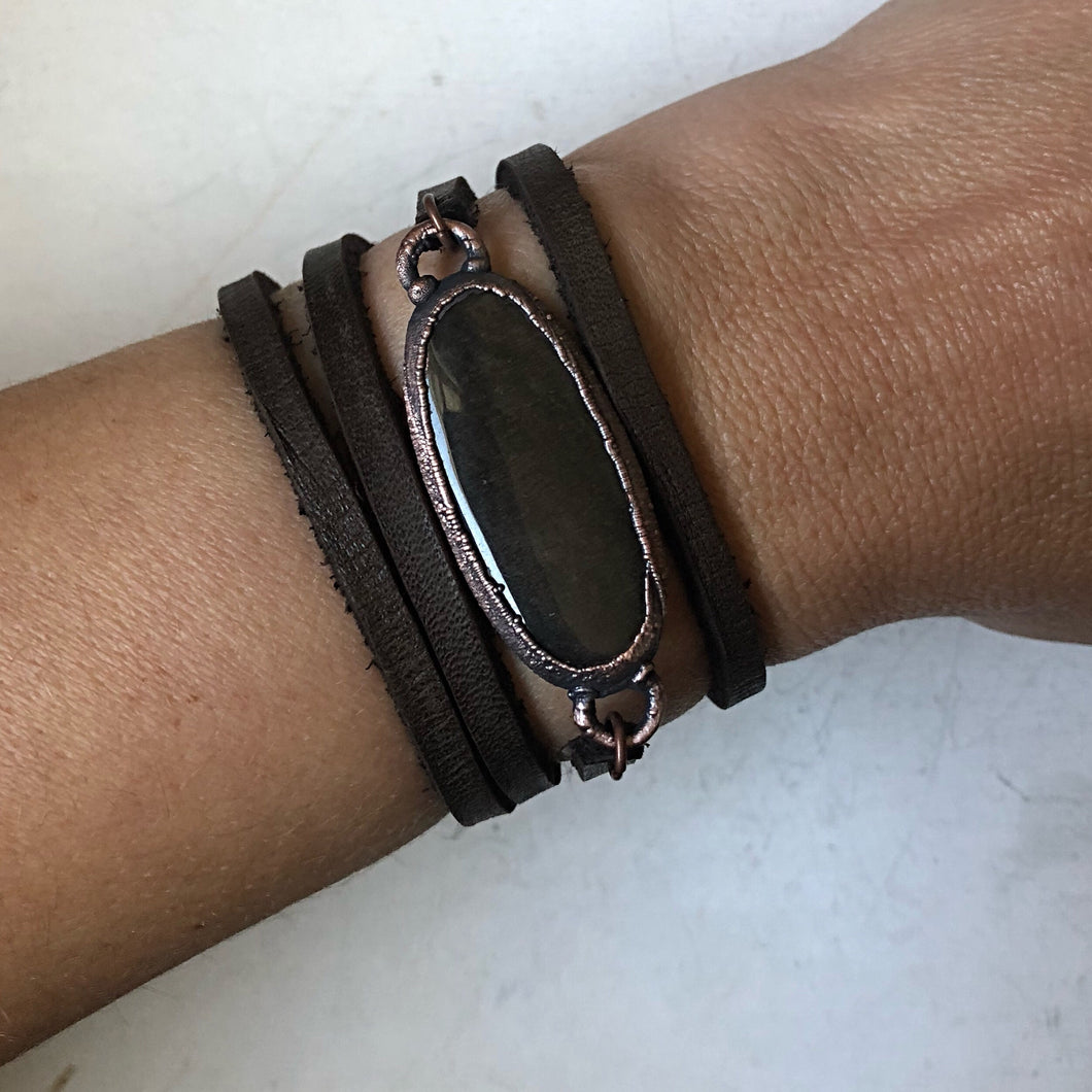 Silver Obsidian and Leather Wrap Bracelet/Choker #1 (Ready to Ship) - Darkness Calling Collection