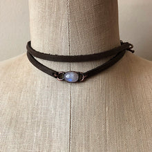 Load image into Gallery viewer, Rainbow Moonstone and Leather Wrap Bracelet/Choker (Flower Moon Collection)