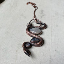 Load image into Gallery viewer, Electroformed Snake with Rainbow Moonstone & Raw Clear Quartz Necklace - Ready to Ship