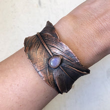 Load image into Gallery viewer, Electroformed Feather Wide Cuff Bracelet with Rainbow Moonstone