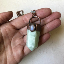 Load image into Gallery viewer, Amazonite Six-Sided Point with Rainbow Moonstone Necklace on Amazonite Accented Chain- Ready to Ship