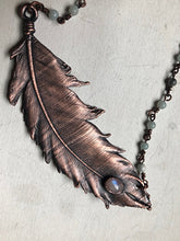 Load image into Gallery viewer, Electroformed Wild Feather & Rainbow Moonstone Necklace with Amazonite Accent Chain (Horizontal Style) - Moksha Collection