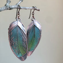 Load image into Gallery viewer, Electroformed Green Macaw Feather Earrings #1 - Ready to Ship