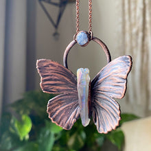 Load image into Gallery viewer, Electroformed Butterfly With Angel Aura Quartz & Rainbow Moonstone Necklace - Ready to Ship