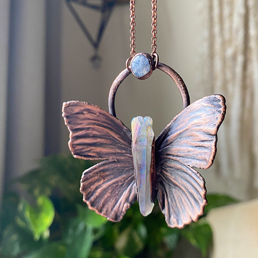 Electroformed Butterfly With Angel Aura Quartz & Rainbow Moonstone Necklace - Ready to Ship