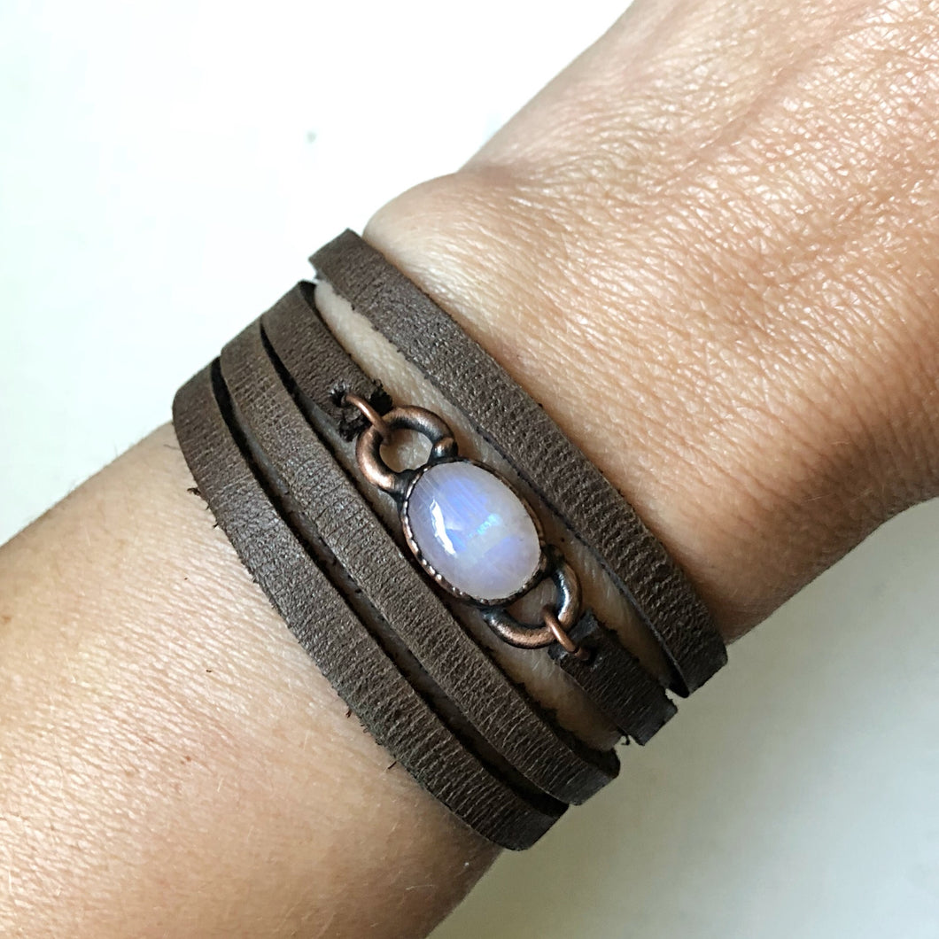 Rainbow Moonstone and Leather Wrap Bracelet/Choker (Flower Moon Collection)