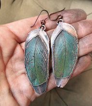Load image into Gallery viewer, Electroformed Green Macaw Feather Earrings #1 - Ready to Ship