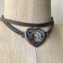 Load image into Gallery viewer, Moss Agate Heart and Leather Wrap Bracelet/Choker #1 - Ready to Ship