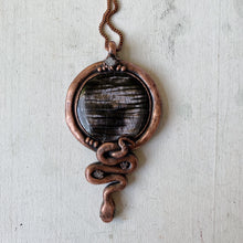 Load image into Gallery viewer, Hypersthene, Clear Quartz Druzy & Sculpted Snake Black Moon Lilith Necklace - Ready to Ship