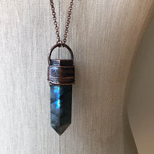 Load image into Gallery viewer, Feather Bezel Large Labradorite Point Necklace on Aged Copper Chain - Ready to Ship (5/17 Update)