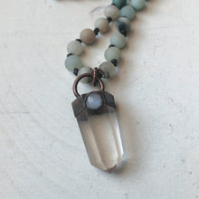Load image into Gallery viewer, Amazonite & Clear Quartz Polished Point with Rainbow Moonstone Mala