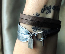 Load image into Gallery viewer, Sterling Silver Feather and Leather Wrap Bracelet