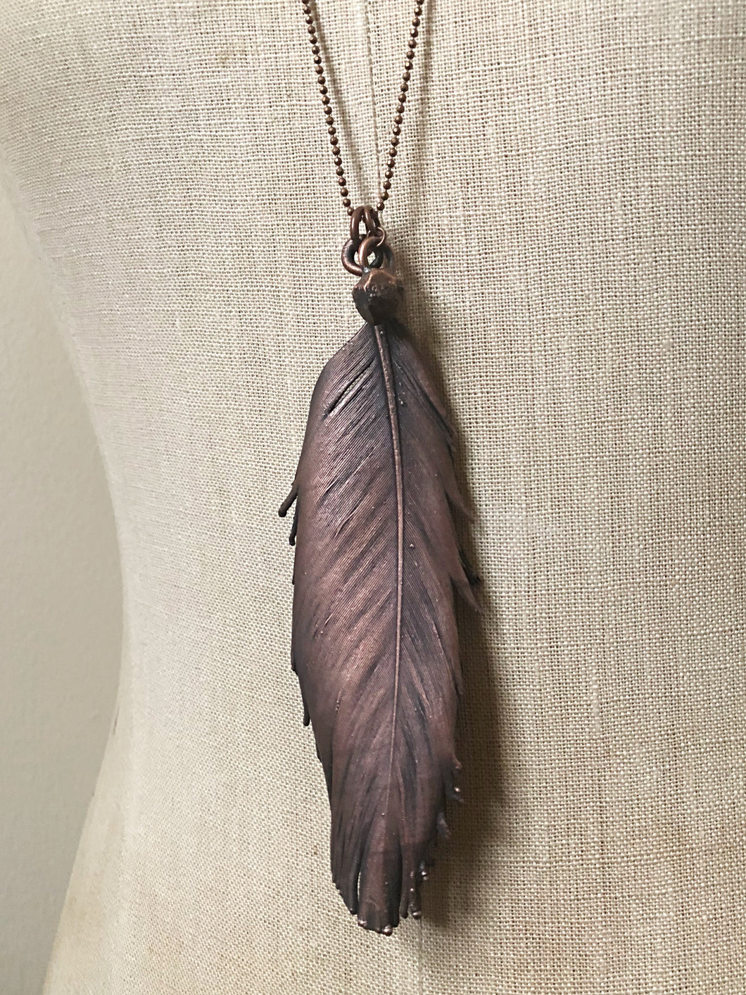 Electroformed Feather Necklace with Raw Garnet Charm (Super Blood Wolf Moon Collection)