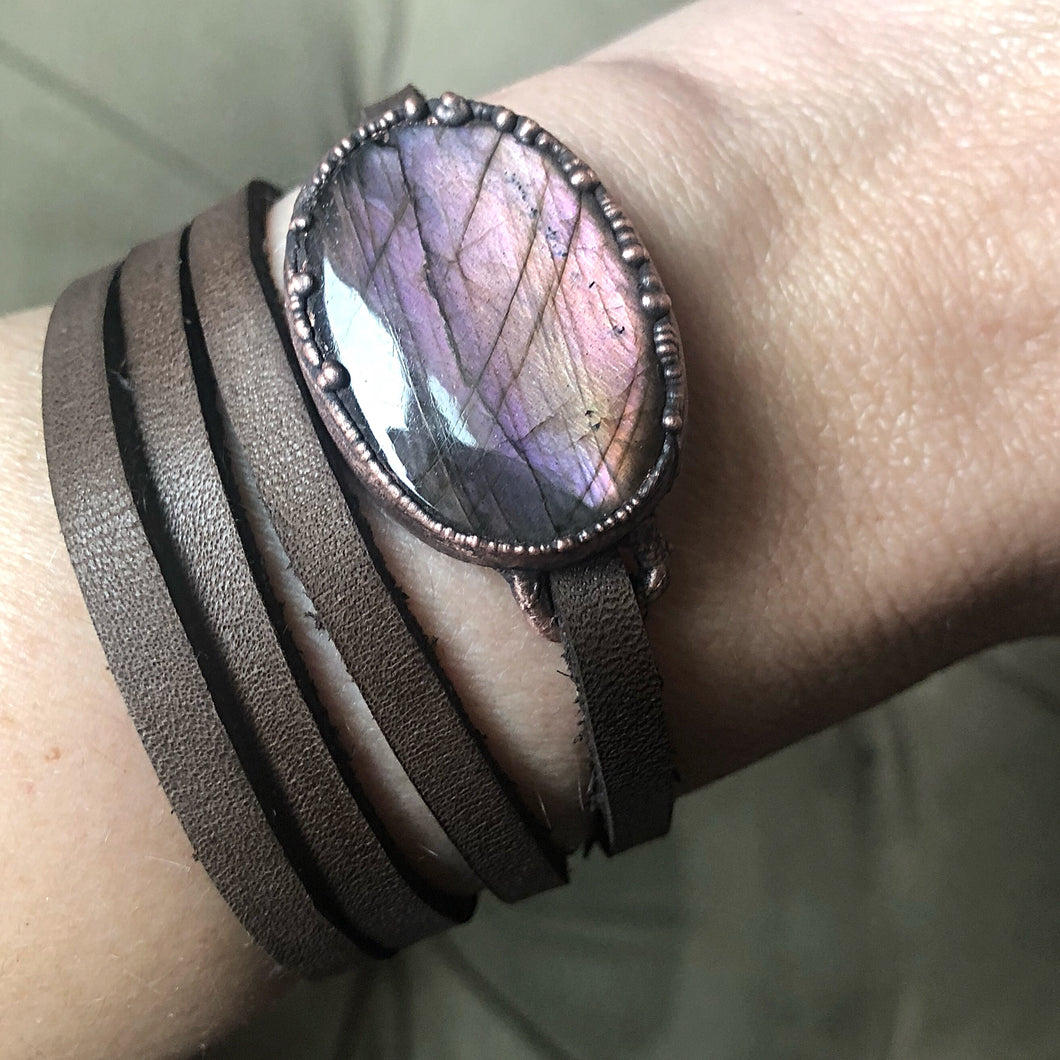 Labradorite and Leather Wrap Bracelet/Choker #2 - Spring Equinox Collection