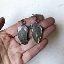 Load image into Gallery viewer, Electroformed Green Macaw Feather Earrings - Ready to Ship