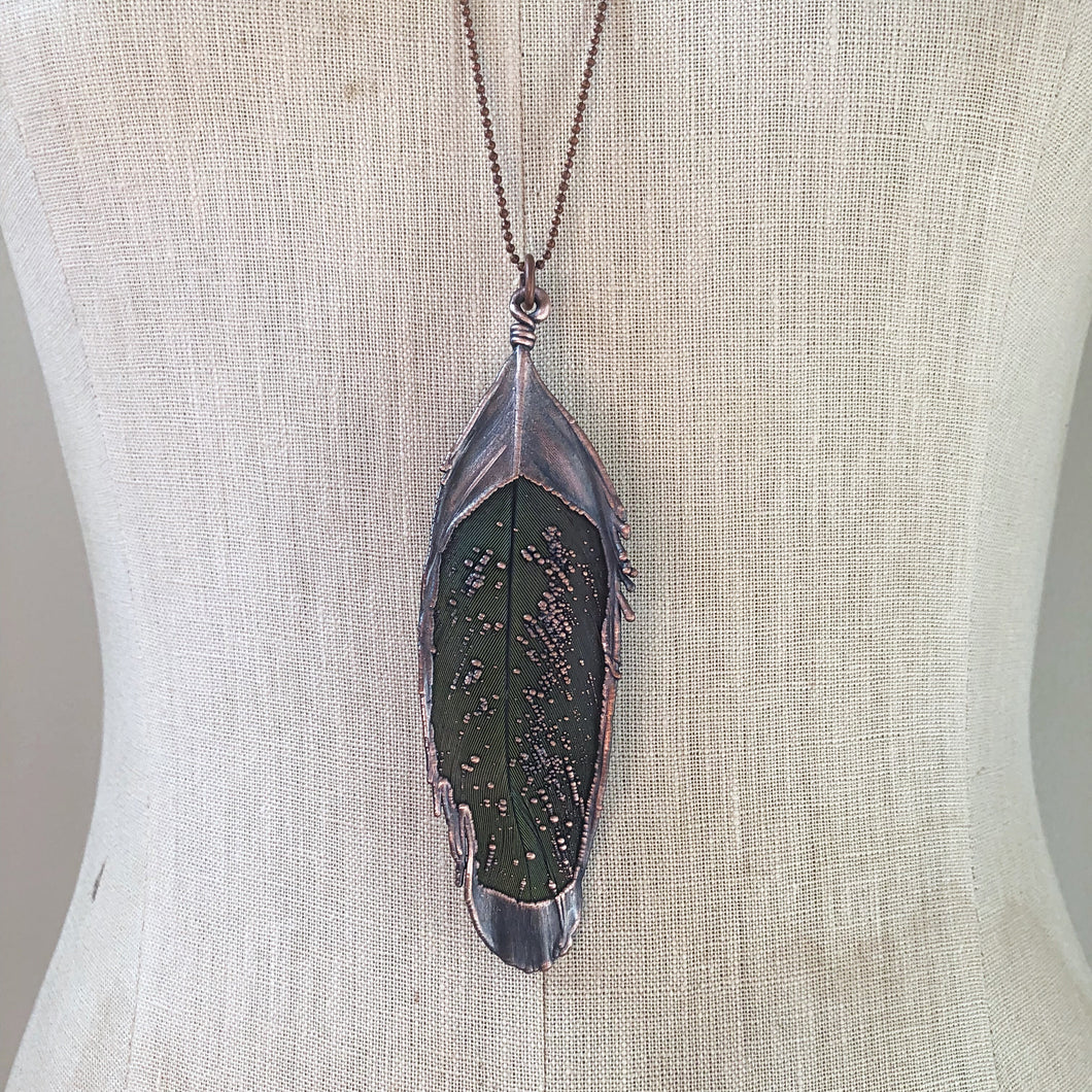 Electroformed Green Macaw Feather Necklace #1- Ready to Ship