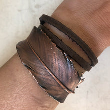 Load image into Gallery viewer, Electroformed Feather and Leather Wrap Bracelet #1 - Ready to Ship