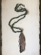 Load image into Gallery viewer, Large Wild Feather with African Turquoise &amp; Leather Hand Knotted Necklace
