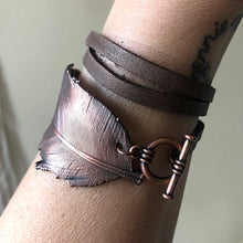 Load image into Gallery viewer, Electroformed Feather and Leather Wrap Bracelet #2 - Ready to Ship