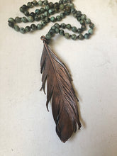 Load image into Gallery viewer, Large Wild Feather with African Turquoise & Leather Hand Knotted Necklace