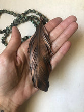 Load image into Gallery viewer, Large Wild Feather with African Turquoise & Leather Hand Knotted Necklace