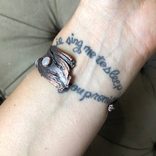 Load image into Gallery viewer, Electroformed Feather Wide Cuff Bracelet with Rainbow Moonstone