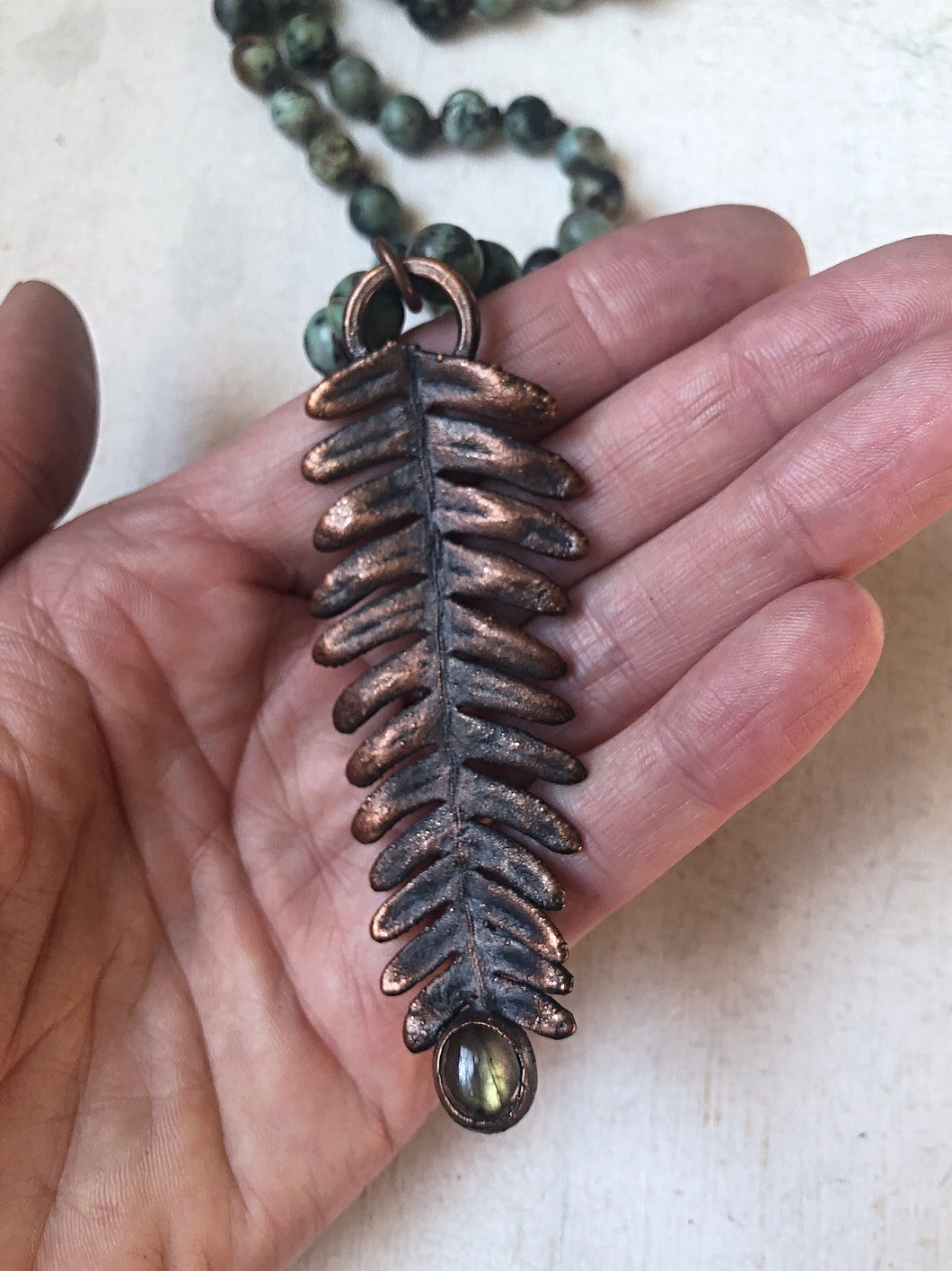 Electroformed Fern with Labradorite on African Turquoise & Leather Hand Knotted Necklace