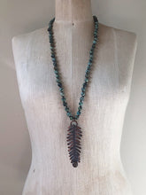Load image into Gallery viewer, Electroformed Fern with Labradorite on African Turquoise & Leather Hand Knotted Necklace