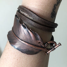 Load image into Gallery viewer, Electroformed Feather and Leather Wrap Bracelet #1 - Ready to Ship