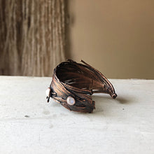 Load image into Gallery viewer, Electroformed Feather Wide Cuff Bracelet with Rainbow Moonstone

