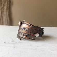 Load image into Gallery viewer, Electroformed Feather Wide Cuff Bracelet with Rainbow Moonstone
