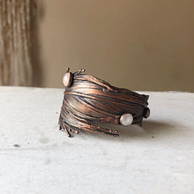 Load image into Gallery viewer, Electroformed Feather Wide Cuff Bracelet with Rainbow Moonstone