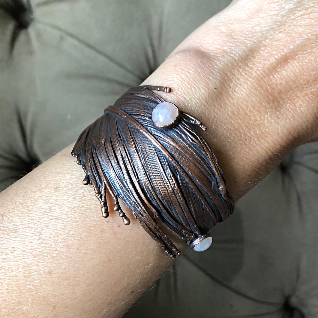 Electroformed Feather Wide Cuff Bracelet with Rainbow Moonstone