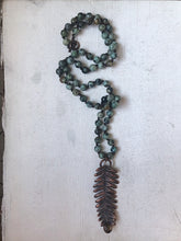 Load image into Gallery viewer, Electroformed Fern with Labradorite on African Turquoise & Leather Hand Knotted Necklace