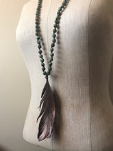 Load image into Gallery viewer, Large Wild Feather with African Turquoise &amp; Leather Hand Knotted Necklace
