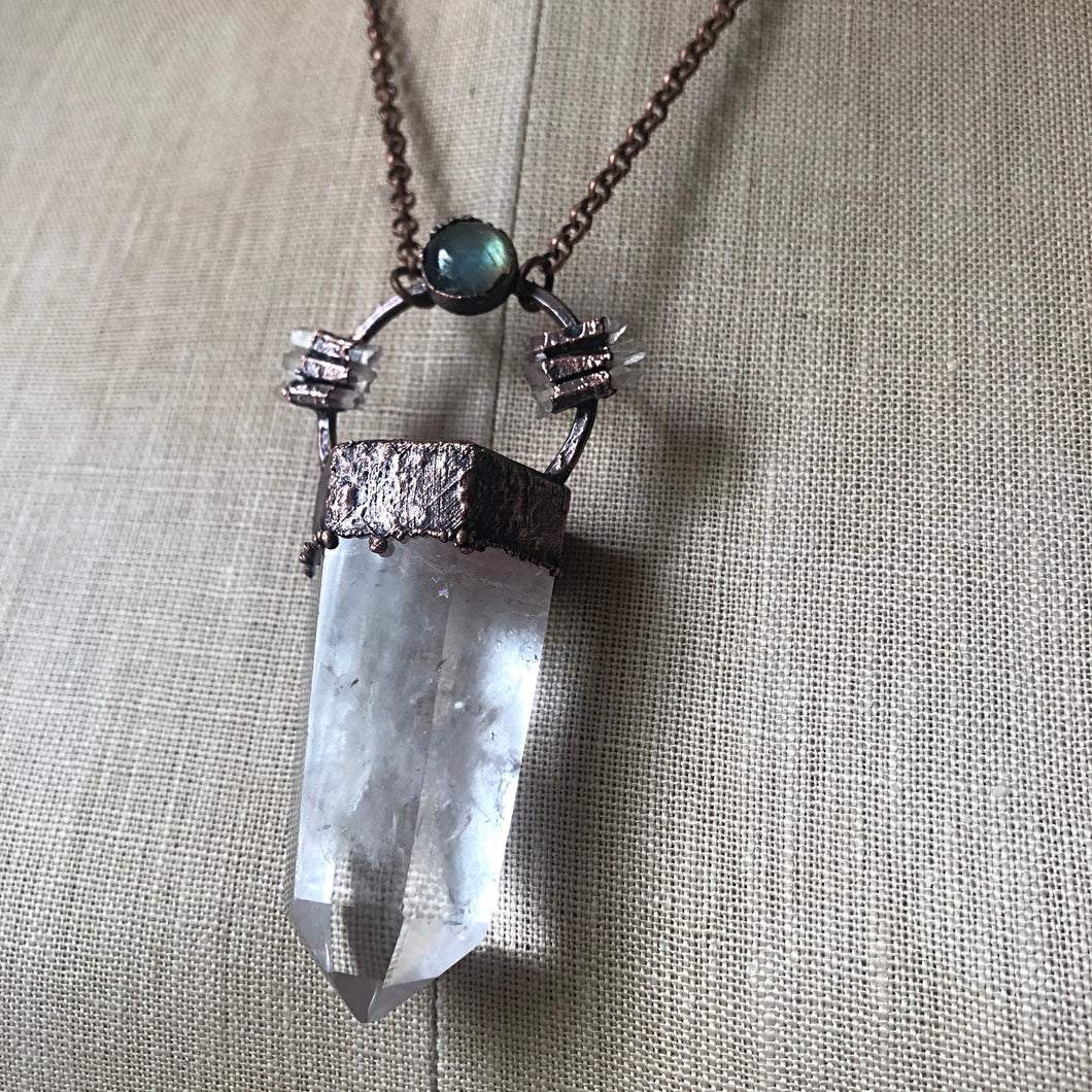Clear Quartz Polished Point & Labradorite Moon Necklace - Ready to Ship