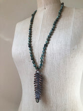 Load image into Gallery viewer, Electroformed Fern with Labradorite on African Turquoise & Leather Hand Knotted Necklace