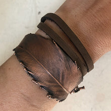 Load image into Gallery viewer, Electroformed Feather and Leather Wrap Bracelet #2 - Ready to Ship