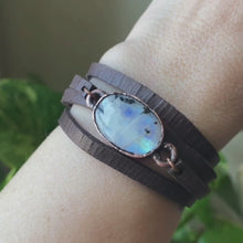 Load and play video in Gallery viewer, Rainbow Moonstone &amp; Leather Wrap Bracelet/Choker #2 - Ready to Ship
